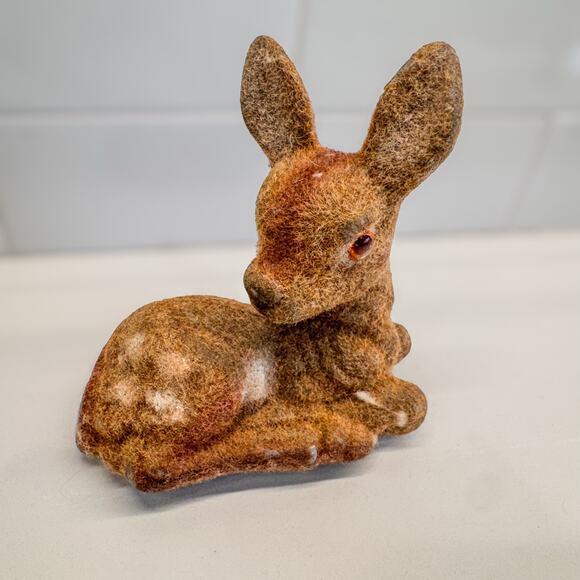 Vintage Fuzzy Flocked Fawn-CottageCore-Folk-Woodland-Whimsical-Country-5” Tall - Picture 6 of 8